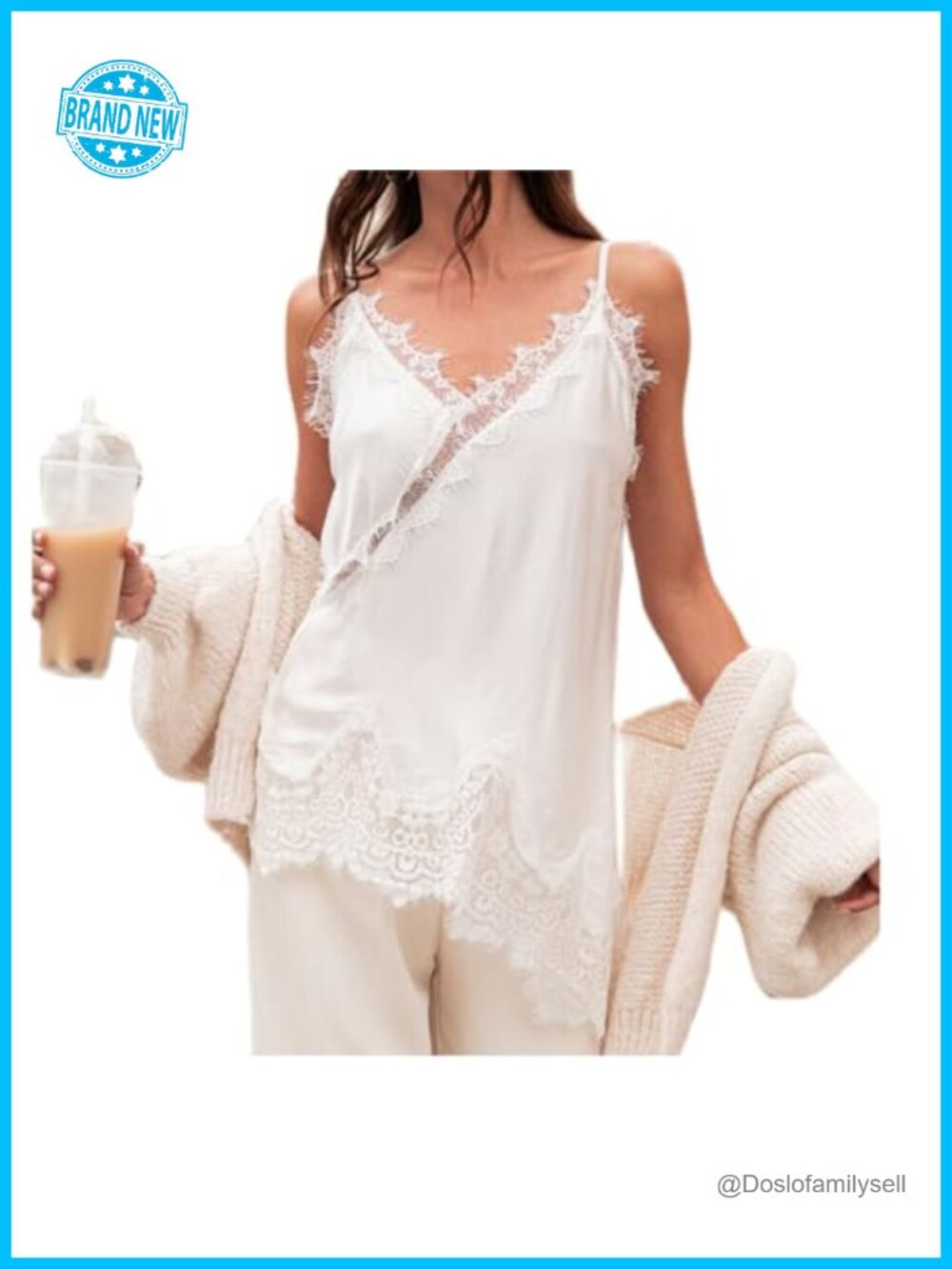 Satin Lace Long Camisole Spaghetti Strap Silky Patchwork Cami Top